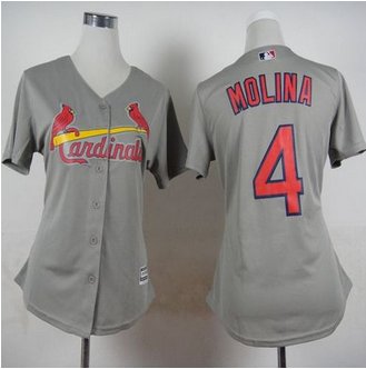 Women St. Louis Cardinals #4 Yadier Molina Grey Road Stitched Baseball Jersey AAA