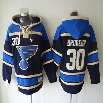 St Louis Blues #30 Martin Brodeur Navy Blue Sawyer Hooded Sweatshirt Stitched NHL Jersey