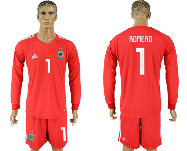 2018 World Cup Men Argentina #1 Romero Home Long Sleeves Red Soccer Country Jersey