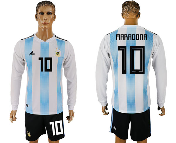 2018 World Cup Men Argentina #10 Maradona Home Long Sleeves Soccer Country Jersey