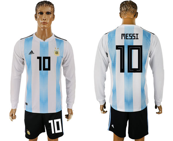 2018 World Cup Men Argentina #10 Messi Home Long Sleeves Soccer Country Jersey