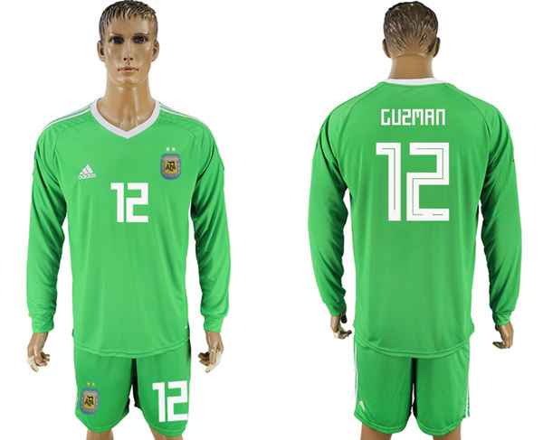 2018 World Cup Men Argentina #12 Guzman Home Long Sleeves Green Soccer Country Jersey