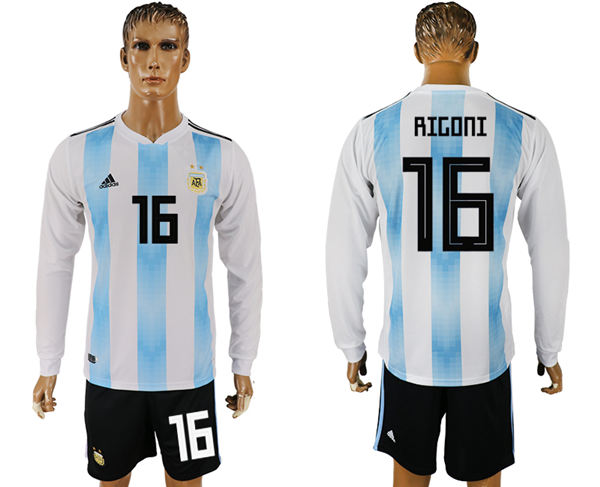 2018 World Cup Men Argentina #16 Rigoni Home Long Sleeves Soccer Country Jersey