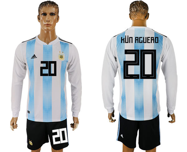 2018 World Cup Men Argentina #20 Kun Aguero Home Long Sleeves Soccer Country Jersey