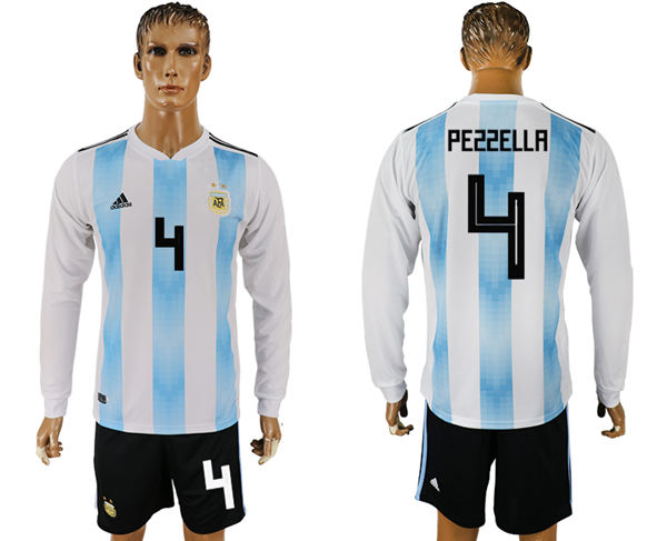 2018 World Cup Men Argentina #4 Pezzella Home Long Sleeves Soccer Country Jersey