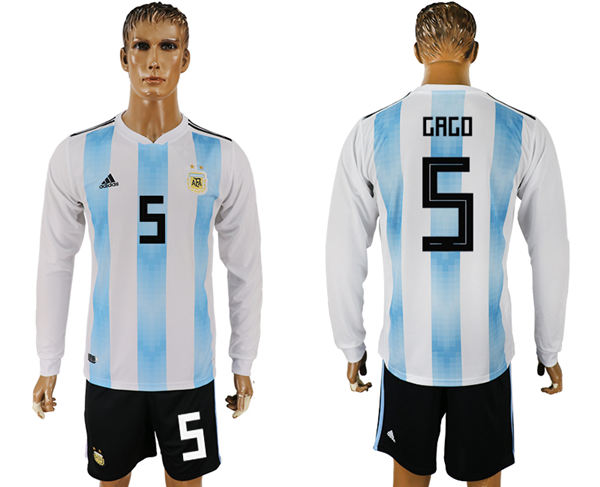 2018 World Cup Men Argentina #5 Gago Home Long Sleeves Soccer Country Jersey