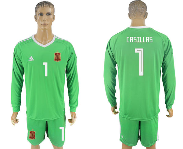 2018 World Cup Men Spain #1 Crsillas Green Home Long Sleeves Soccer Country Jersey