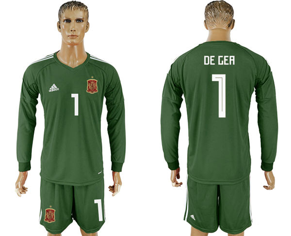 2018 World Cup Men Spain #1 De Gea Dack Green Home Long Sleeves Soccer Country Jersey