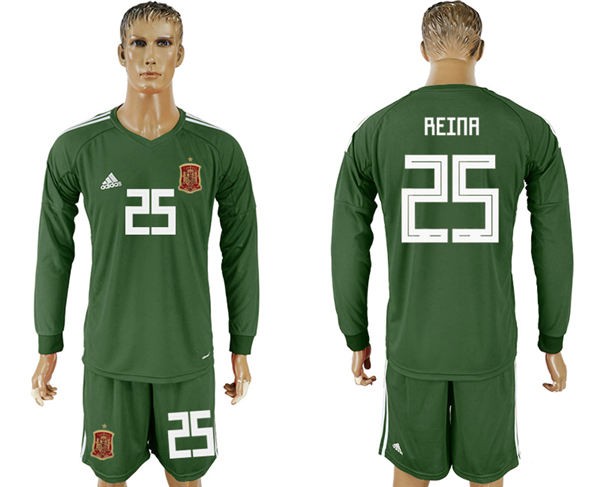 2018 World Cup Men Spain #25 Reina Dack Green Home Long Sleeves Soccer Country Jersey 2018 World Cup Men Spain #25 Reina Dack Green Home Long Sleeves Soccer Country Jersey