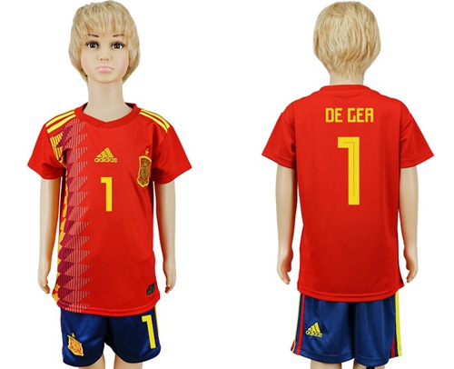 2018 World Cup Spain #1 De Gea Red Home Kid Soccer Country Jersey