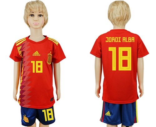 2018 World Cup Spain #18 Jordi Alba Red Home Kid Soccer Country Jersey