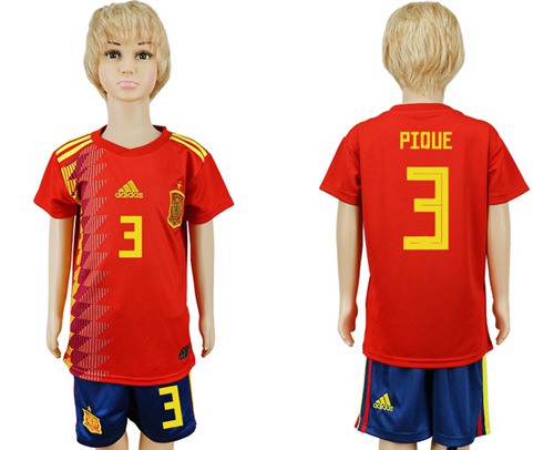 2018 World Cup Spain #3 Pique Red Home Kid Soccer Country Jersey