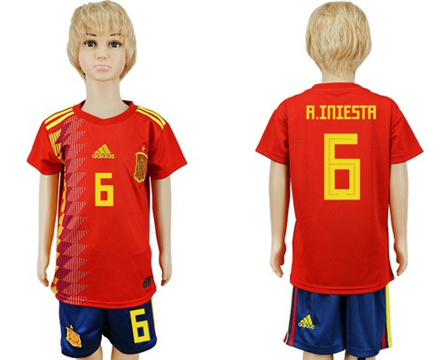 2018 World Cup Spain #6 A.Iniesta Red Home Kid Soccer Country Jersey