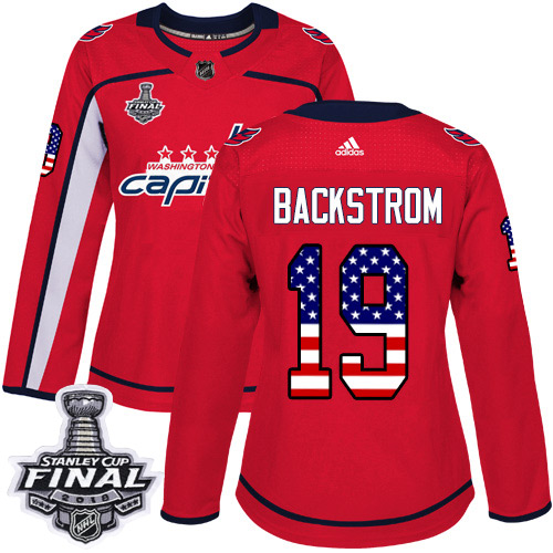 Adidas Capitals #19 Nicklas Backstrom Red Home Authentic USA Flag 2018 Stanley Cup Final Women's Stitched NHL Jersey