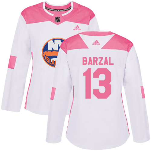 Adidas Islanders #13 Mathew Barzal White Pink Authentic Fashion Women's Stitched NHL Jersey