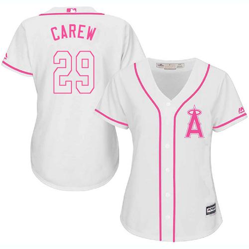 Angels #29 Rod Carew White Pink Fashion Women's Stitched MLB Jersey