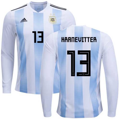 Argentina #13 Kranevitter Home Long Sleeves Soccer Country Jersey Argentina #13 Kranevitter Home Long Sleeves Soccer Country Jersey