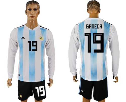 Argentina #19 Banega Home Long Sleeves Soccer Country Jersey