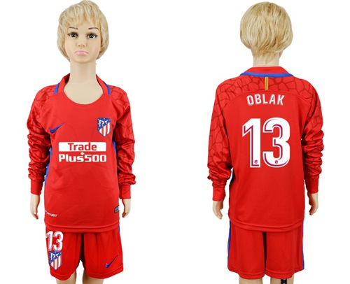 Atletico Madrid #13 Oblak Red Goalkeeper Long Sleeves Kid Soccer Club Jersey Atletico Madrid #13 Oblak Red Goalkeeper Long Sleeves Kid Soccer Club Jersey