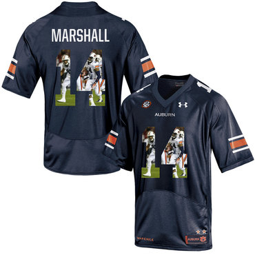 Auburn Tigers 14 Nick Marshall Navy With Portrait Print College Football Jersey
