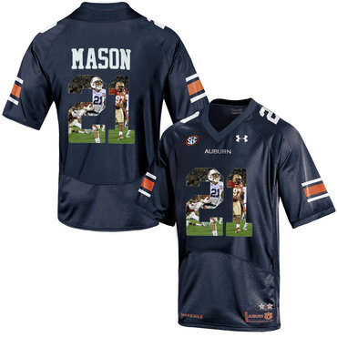 Auburn Tigers 21 Tre Mason Navy With Portrait Print College Football Jersey2