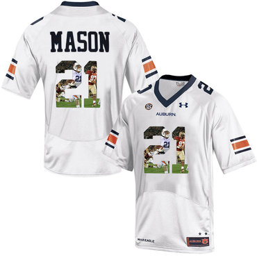 Auburn Tigers 21 Tre Mason White With Portrait Print College Football Jersey2