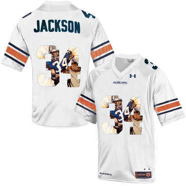 Auburn Tigers 34 Bo Jackson White With Portrait Print College Football Jersey3
