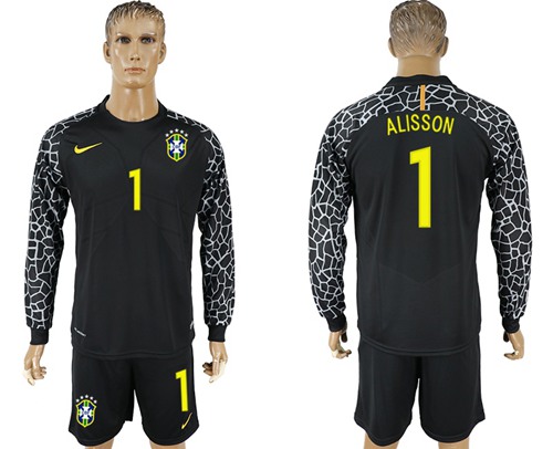 Brazil #1 Alisson Black Goalkeeper Long Sleeves Soccer Country Jersey Brazil #1 Alisson Black Goalkeeper Long Sleeves Soccer Country Jersey