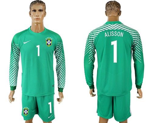 Brazil #1 Alisson Green Goalkeeper Long Sleeves Soccer Country Jersey Brazil #1 Alisson Green Goalkeeper Long Sleeves Soccer Country Jersey