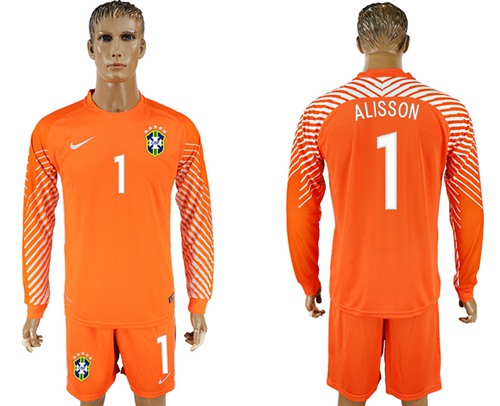 Brazil #1 Alisson Orange Goalkeeper Long Sleeves Soccer Country Jersey Brazil #1 Alisson Orange Goalkeeper Long Sleeves Soccer Country Jersey