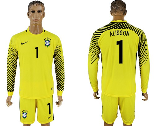 Brazil #1 Alisson Yellow Goalkeeper Long Sleeves Soccer Country Jersey Brazil #1 Alisson Yellow Goalkeeper Long Sleeves Soccer Country Jersey