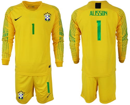 Brazil #1 Alisson Yellow Goalkeeper Long Sleeves Soccer Country Jersey