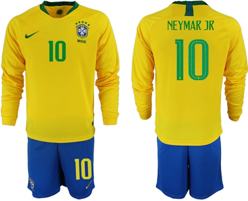 Brazil #10 Neymar Jr Home Long Sleeves Soccer Country Jersey