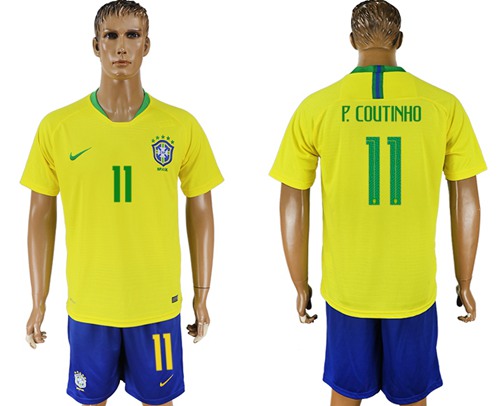 Brazil #11 P.Coutinho Home Soccer Country Jersey Brazil #11 P.Coutinho Home Soccer Country Jersey