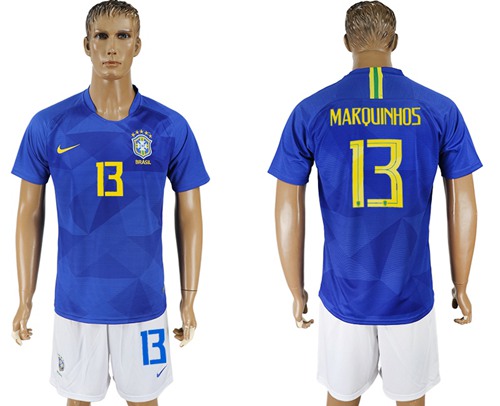 Brazil #13 Marquinhos Away Soccer Country Jersey Brazil #13 Marquinhos Away Soccer Country Jersey