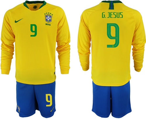 Brazil #9 G.Jesus Home Long Sleeves Soccer Country Jersey