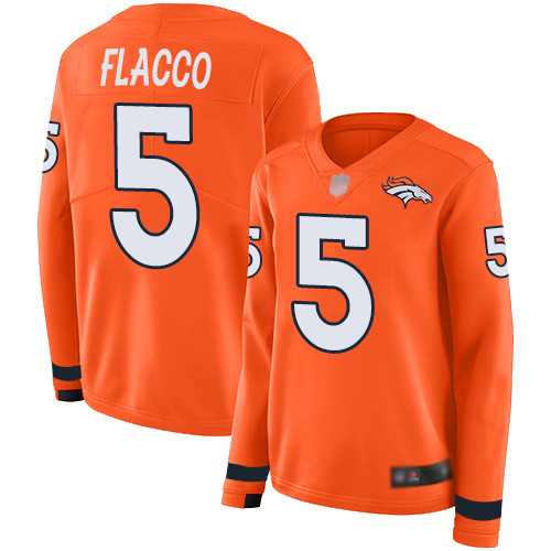 Broncos #5 Joe Flacco Orange Team Color Women's Stitched Football Limited Therma Long Sleeve Jersey
