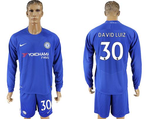 Chelsea #30 David Luiz Home Long Sleeves Soccer Club Jersey