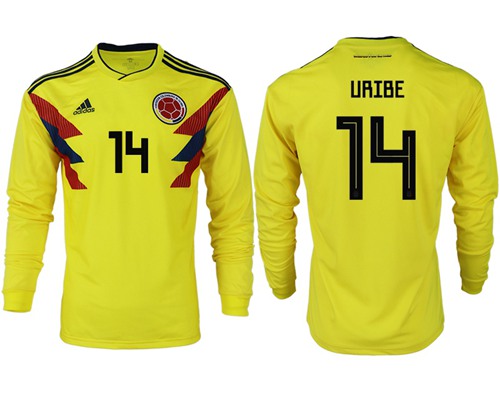 Colombia #14 Uribe Home Long Sleeves Soccer Country Jersey Colombia #14 Uribe Home Long Sleeves Soccer Country Jersey
