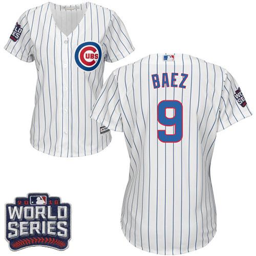 Cubs #9 Javier Baez White(Blue Strip) Home 2016 World Series Bound Women's Stitched MLB Jersey