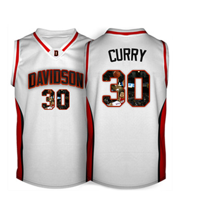 Davidson Wildcat 30 Stephen Curry White With Portrait Print College Basketball Jersey3