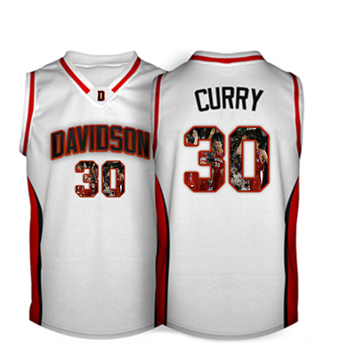 Davidson Wildcat 30 Stephen Curry White With Portrait Print College Basketball Jersey6