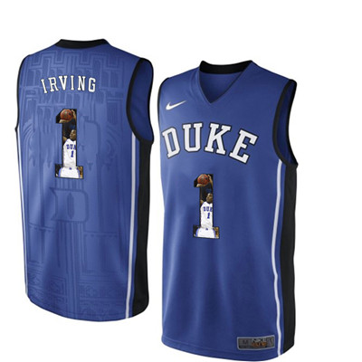 Duke Blue Devils 1 Kyrie Irving Blue With Portrait Print College Customized Basketball Jersey2