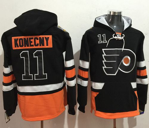 Flyers #11 Travis Konecny Black Name & Number Pullover NHL Hoodie Flyers #11 Travis Konecny Black Name & Number Pullover NHL Hoodie