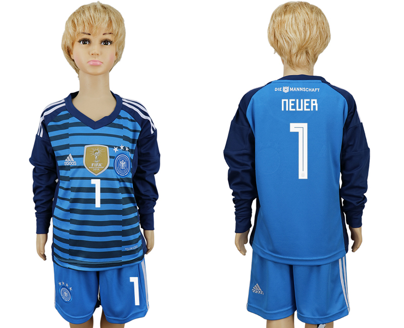 Germany #1 Neuer Blue Goalkeeper Long Sleeves Soccer Country Jersey