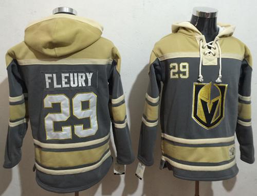 Golden Knights #29 Marc-Andre Fleury Grey Gold Name & Number Pullover NHL Hoodie