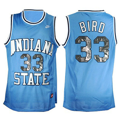 Indiana State Sycamores 33 Larry Bird Blue With Portrait Print College Basketball Jersey Indiana State Sycamores 33 Larry Bird Blue With Portrait Print College Basketball Jersey
