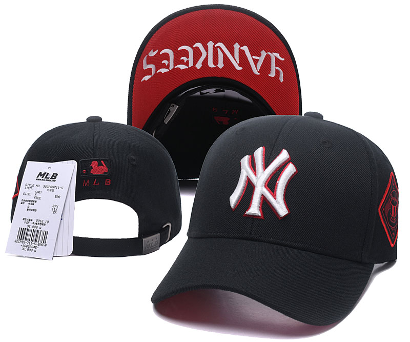 MLB New York Yankees Red Outline Logo Black Peaked Adjustable Hat S9