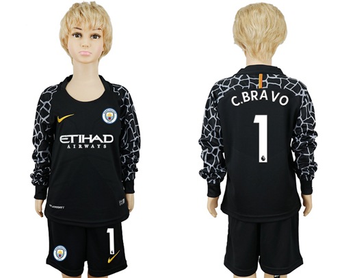 Manchester City #1 C.Bravo Black Goalkeeper Long Sleeves Kid Soccer Club Jersey Manchester City #1 C.Bravo Black Goalkeeper Long Sleeves Kid Soccer Club Jersey