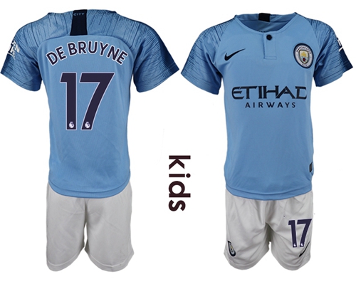 Manchester City #17 De Bruyne Home Kid Soccer Club Jersey